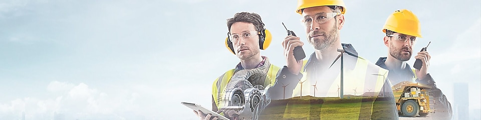  three workers on radios and reading documents, transposed over a background of blue sky with light clouds