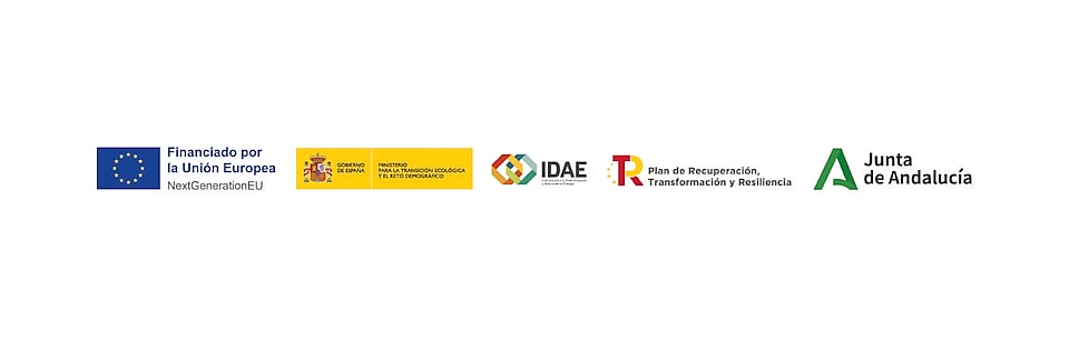 Imagen que agrupa los diferentes logotipos de organismos que participan del Plan MOVES: Unión Europea, Gobierno de España, IDAE, Plan de Recuperación, Transformación y Resiliencia, y Junta de Andalucía