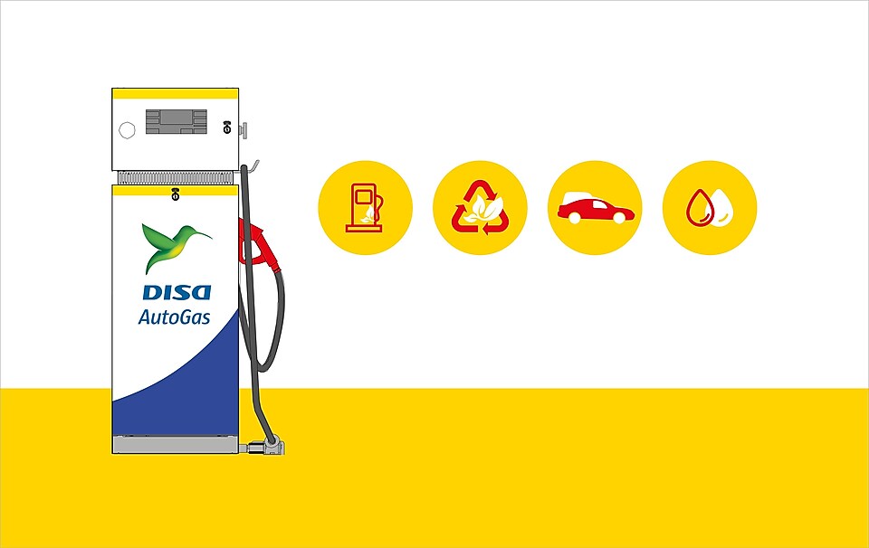 Ilustración de un surtidor Disa Autogas junto a iconos ecologicos